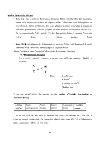 80
Analyse de la courbe obtenue
 Zone OA : c'est la zone des déformations élastiques. Si l'on réduit la valeur de F jusqu'à une
valeur nulle, l'éprouvette retrouve sa longueur initiale. Dans cette zone, l'allongement est
proportionnel à l'effort d'extension. Des essais effectués avec des éprouvettes de dimensions
différentes permettent de constater que pour un même matériau, l'allongement unitaire ( l /
l0) est proportionnel à l'effort unitaire (F / S0). Les sections droites et planes de l'éprouvette
restent droites et planes pendant l'essai.
 Zone ABCD : c'est la zone des déformations permanentes. Si l'on réduit la valeur de F jusqu'à
une valeur nulle, l'éprouvette ne retrouve pas sa longueur initiale.
On ne s'intéressera (pour l’instant) qu'à la zone des déformations élastiques.
7.1.3 Déformations élastiques
La propriété constatée ci-dessus a permis pour différents matériaux d'établir la
relation :
N
S
E
l
l


Unités : F en Newton
S en mm2
E en MPa (N/mm
2
)
l et l en mm.
E est une caractéristique du matériau appelée module d'élasticité longitudinal ou
module de Young.
Matériau Fontes Aciers Cuivre Aluminium Tungstène
E (MPa) 60000à160000 200000 120000 70000 400000
Lors de cet essai, on met aussi en évidence une autre caractéristique de l’élasticité ; il
existe un rapport constant entre la contraction relative transversale (d / d) et l'allongement
relatif longitudinal (l/l). On peut écrire :
 