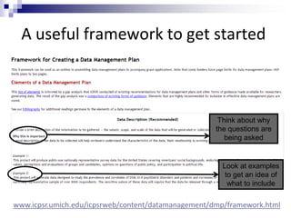 A useful framework to get started
Think about why
the questions are
being asked
Look at examples
to get an idea of
what to include
www.icpsr.umich.edu/icpsrweb/content/datamanagement/dmp/framework.html
 