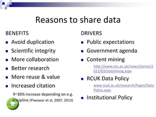 Reasons to share data
BENEFITS
 Avoid duplication
 Scientific integrity
 More collaboration
 Better research
 More reuse & value
 Increased citation
9-30% increase depending on e.g.
discipline (Piwowar et al, 2007, 2013)
DRIVERS
 Public expectations
 Government agenda
 Content mining
― http://www.jisc.ac.uk/news/stories/2
012/03/textmining.aspx
 RCUK Data Policy
― www.rcuk.ac.uk/research/Pages/Data
Policy.aspx
 Institutional Policy
 