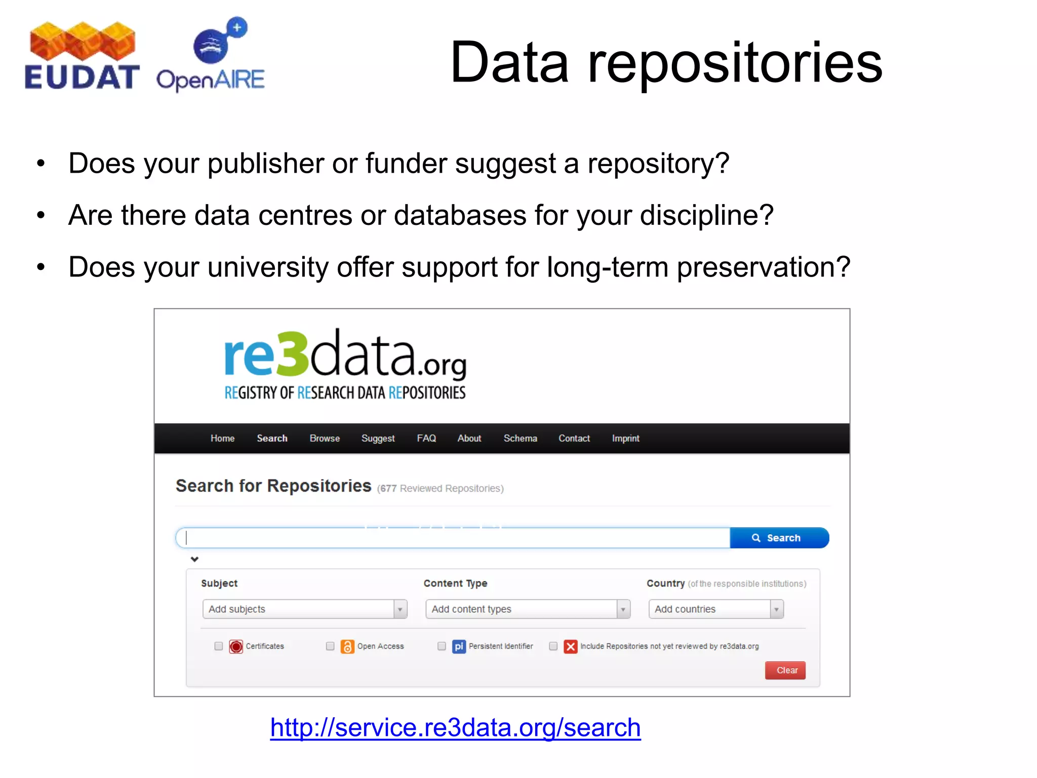 Data repositories
http://databib.org
http://service.re3data.org/search
• Does your publisher or funder suggest a repository?
• Are there data centres or databases for your discipline?
• Does your university offer support for long-term preservation?
 