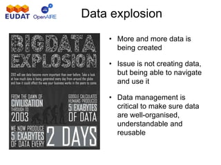 Data explosion
• More and more data is
being created
• Issue is not creating data,
but being able to navigate
and use it
• Data management is
critical to make sure data
are well-organised,
understandable and
reusable
 