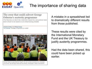 A mistake in a spreadsheet led
to dramatically different results
from those published.
These results were cited by
the International Monetary
Fund and the UK Treasury to
justify austerity programmes.
Had the data been shared, this
could have been picked up
earlier.
The importance of sharing data
 