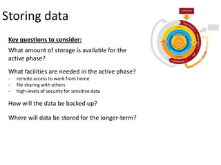 Storing data
Key questions to consider:
What amount of storage is available for the
active phase?
What facilities are needed in the active phase?
- remote access to work from home
- file sharing with others
- high-levels of security for sensitive data
How will the data be backed up?
Where will data be stored for the longer-term?
 