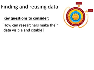 Finding and reusing data
Key questions to consider:
How can researchers make their
data visible and citable?
 