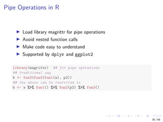 Pipe Operations in R
Load library magrittr for pipe operations
Avoid nested function calls
Make code easy to understand
Su...