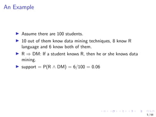 An Example
Assume there are 100 students.
10 out of them know data mining techniques, 8 know R
language and 6 know both of...
