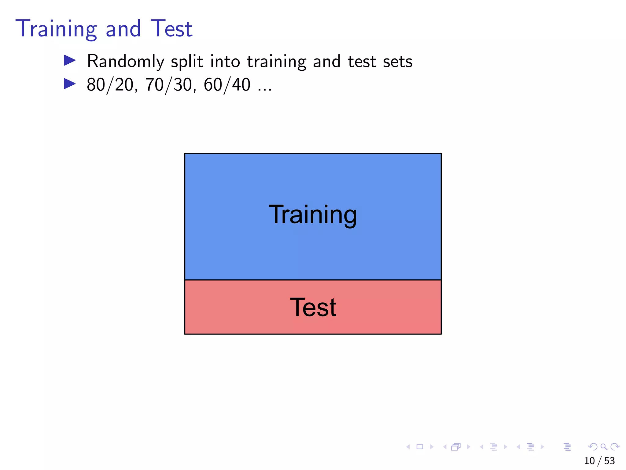 Training and Test Randomly split into training and test sets 80/20, 70/30, 60/40 ... Training Test 10 / 53 