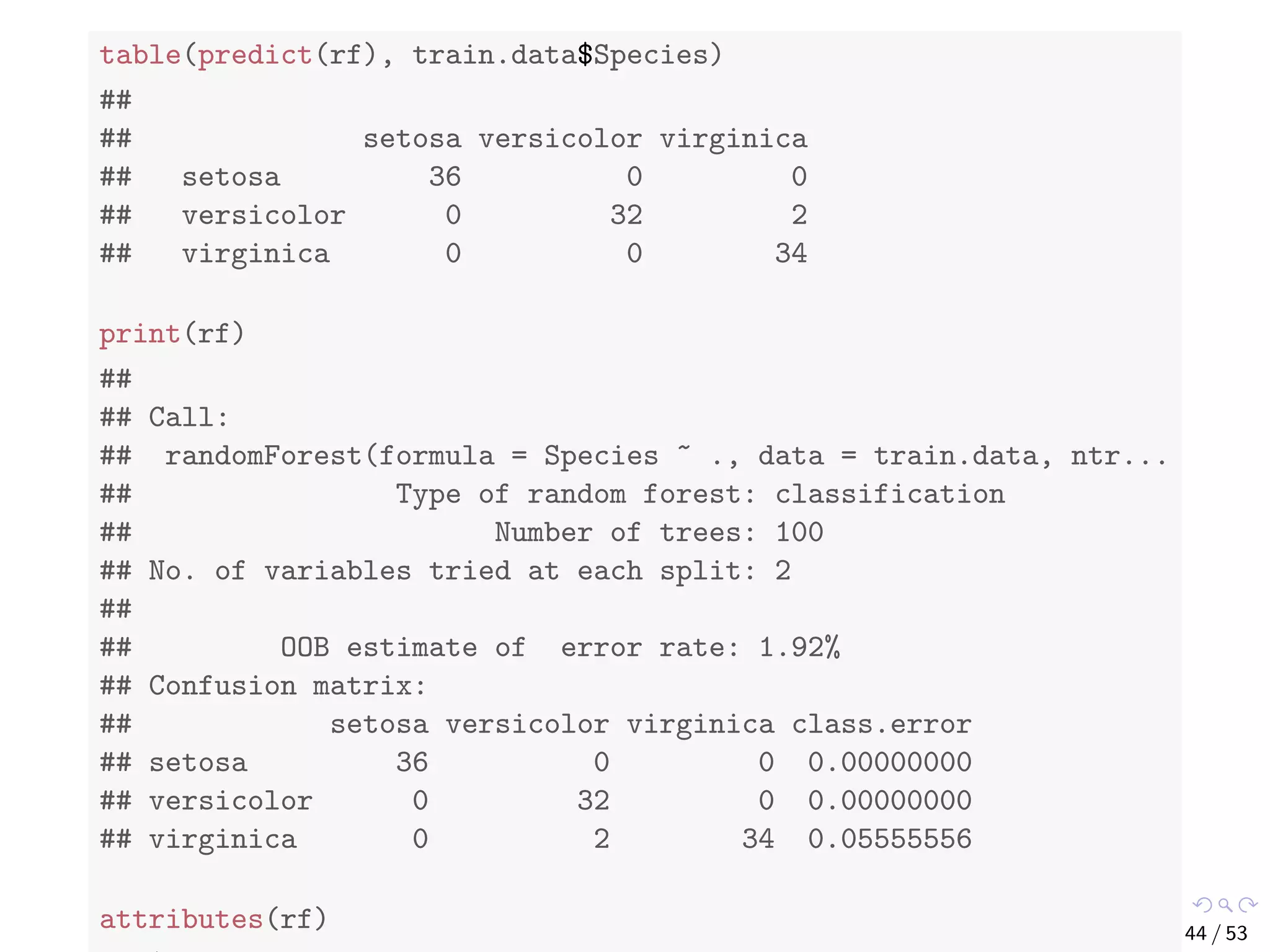 table(predict(rf), train.data$Species) ## ## setosa versicolor virginica ## setosa 36 0 0 ## versicolor 0 32 2 ## virginica 0 0 34 print(rf) ## ## Call: ## randomForest(formula = Species ~ ., data = train.data, ntr... ## Type of random forest: classification ## Number of trees: 100 ## No. of variables tried at each split: 2 ## ## OOB estimate of error rate: 1.92% ## Confusion matrix: ## setosa versicolor virginica class.error ## setosa 36 0 0 0.00000000 ## versicolor 0 32 0 0.00000000 ## virginica 0 2 34 0.05555556 attributes(rf) 44 / 53 