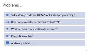 Problems …
Tailor storage code for RDMA? (not socket programming!)
How do we monitor performance? (not TCP!)
What network configuration do we need?
Congestion control?
And many others ….
11
 