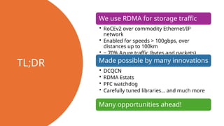 2
TL;DR
We use RDMA for storage traffic
• RoCEv2 over commodity Ethernet/IP
network
• Enabled for speeds > 100gbps, over
distances up to 100km
• ~ 70% Azure traffic (bytes and packets)
Made possible by many innovations
• DCQCN
• RDMA Estats
• PFC watchdog
• Carefully tuned libraries… and much more
Many opportunities ahead!
 