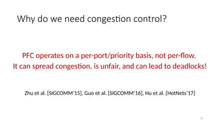 27
Why do we need congestion control?
PFC operates on a per-port/priority basis, not per-flow.
It can spread congestion, is unfair, and can lead to deadlocks!
Zhu et al. [SIGCOMM’15], Guo et al. [SIGCOMM’16], Hu et al. [HotNets’17]
 