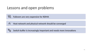 Lessons and open problems
Failovers are very expensive for RDMA
Host network and physical network should be converged
Switch buffer is increasingly important and needs more innovations
Cloud needs unified behavior models and interfaces for network devices
Testing new network devices is critical and challenging
40
 