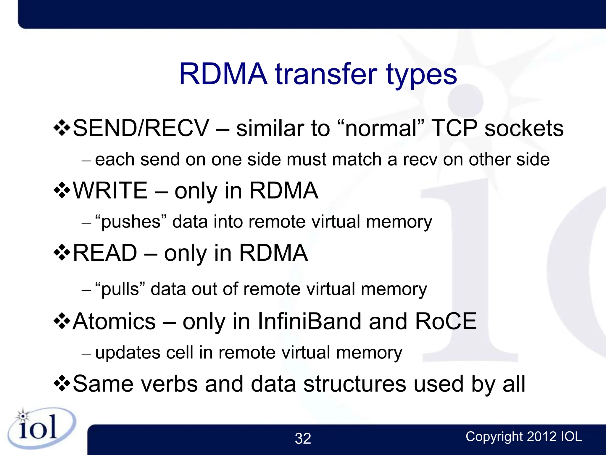 32 Copyright 2012 IOL
RDMA transfer types
SEND/RECV – similar to “normal” TCP sockets
– each send on one side must match a recv on other side
WRITE – only in RDMA
– “pushes” data into remote virtual memory
READ – only in RDMA
– “pulls” data out of remote virtual memory
Atomics – only in InfiniBand and RoCE
– updates cell in remote virtual memory
Same verbs and data structures used by all
 