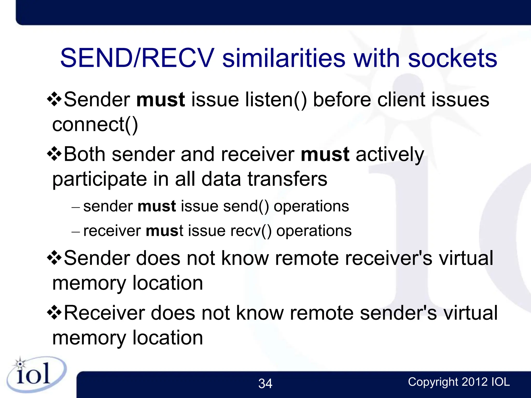 34 Copyright 2012 IOL
SEND/RECV similarities with sockets
Sender must issue listen() before client issues
connect()
Both sender and receiver must actively
participate in all data transfers
– sender must issue send() operations
– receiver must issue recv() operations
Sender does not know remote receiver's virtual
memory location
Receiver does not know remote sender's virtual
memory location
 