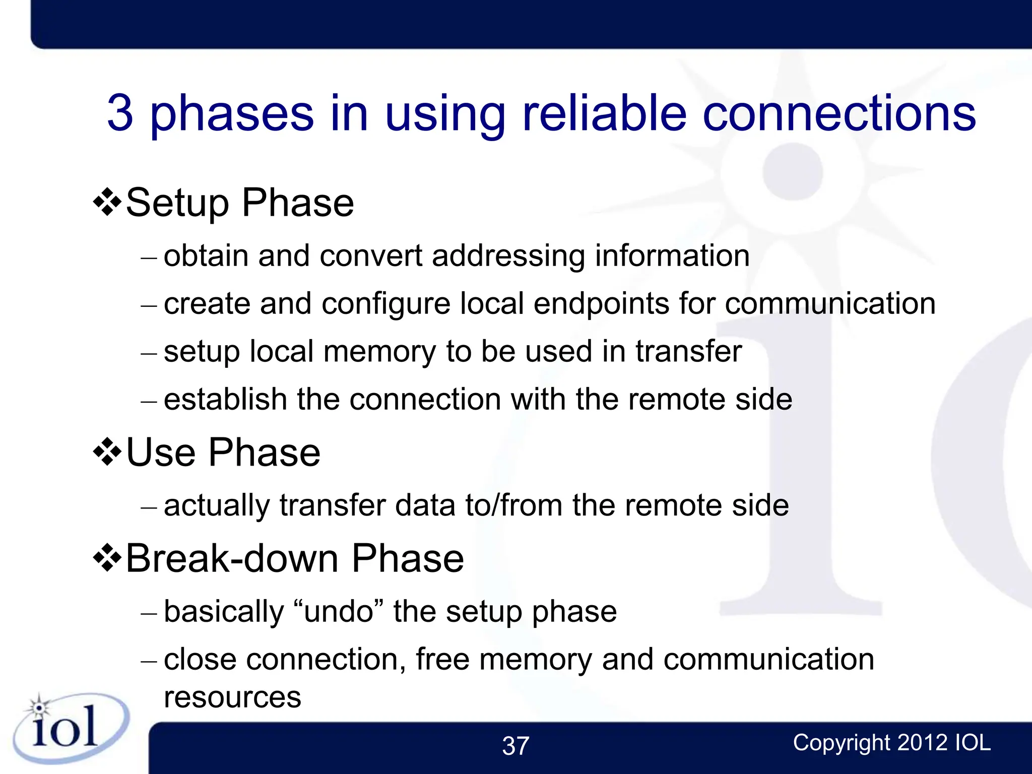 37 Copyright 2012 IOL
3 phases in using reliable connections
Setup Phase
– obtain and convert addressing information
– create and configure local endpoints for communication
– setup local memory to be used in transfer
– establish the connection with the remote side
Use Phase
– actually transfer data to/from the remote side
Break-down Phase
– basically “undo” the setup phase
– close connection, free memory and communication
resources
 