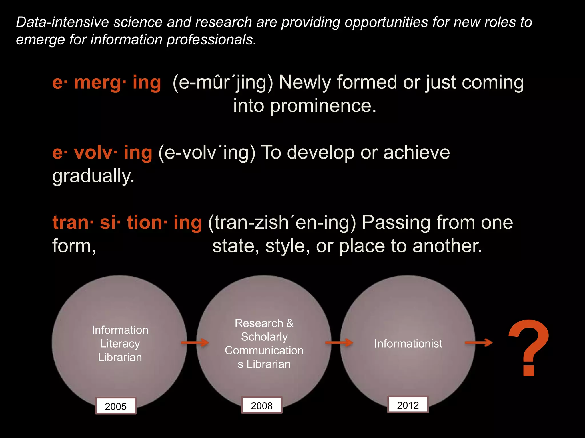 Data-intensive science and research are providing opportunities for new roles to
emerge for information professionals.


     e· merg· ing (e-mûr´jing) Newly formed or just coming
                        into prominence.

     e· volv· ing (e-volv´ing) To develop or achieve
     gradually.

     tran· si· tion· ing (tran-zish´en-ing) Passing from one
     form,                state, style, or place to another.


                                 Research &



                                                                           ?
           Information
                                   Scholarly
             Literacy                                  Informationist
                                Communication
            Librarian
                                  s Librarian


             2005                   2008                   2012
 