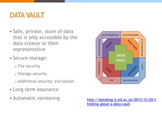 DATA VAULT 
 Safe, private, store of data 
that is only accessible by the 
data creator or their 
representative 
 Secure storage: 
o File security 
o Storage security 
o Additional security: encryption 
 Long term assurance 
 Automatic versioning http://datablog.is.ed.ac.uk/2013/12/20/t 
hinking-about-a-data-vault 
 