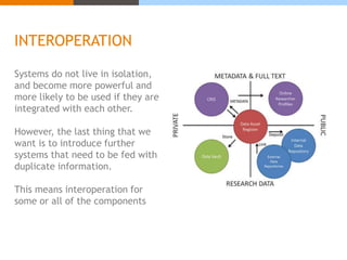 INTEROPERATION 
Systems do not live in isolation, 
and become more powerful and 
more likely to be used if they are 
integrated with each other. 
However, the last thing that we 
want is to introduce further 
systems that need to be fed with 
duplicate information. 
This means interoperation for 
some or all of the components 
 