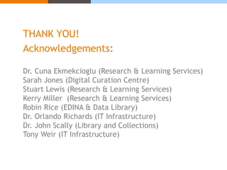 THANK YOU! 
Acknowledgements: 
Dr. Cuna Ekmekcioglu (Research & Learning Services) 
Sarah Jones (Digital Curation Centre) 
Stuart Lewis (Research & Learning Services) 
Kerry Miller (Research & Learning Services) 
Robin Rice (EDINA & Data Library) 
Dr. Orlando Richards (IT Infrastructure) 
Dr. John Scally (Library and Collections) 
Tony Weir (IT Infrastructure) 
