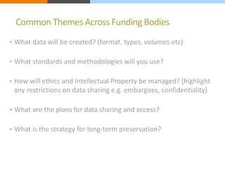Common Themes Across Funding Bodies 
• What data will be created? (format, types, volumes etc) 
• What standards and methodologies will you use? 
• How will ethics and Intellectual Property be managed? (highlight 
any restrictions on data sharing e.g. embargoes, confidentiality) 
• What are the plans for data sharing and access? 
• What is the strategy for long-term preservation? 
 