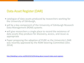 Data Asset Register (DAR) 
 catalogue of data assets produced by researchers working for 
the University of Edinburgh, 
 will be a key component of the University of Edinburgh Research 
Data Management (RDM) systems 
 will give researchers a single place to record the existence of 
data assets they produce for discovery, access, and reuse as 
appropriate 
 Paper proposing the adoption of PURE as the University’s DAR 
was recently approved by the RDM Steering Committee (Oct. 
2014) 
http://datablog.is.ed.ac.uk/2013/12/12/thinking-about-research-data-asset-registers 
 
