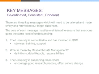KEY MESSAGES: 
Co-ordinated, Consistent, Coherent 
There are three key messages which will need to be tailored and made 
timely and relevant to our target audiences. 
The core of each message must be maintained to ensure that everyone 
gains the same level of understanding: 
1. The University is committed to and has invested in RDM 
• services, training, support 
2. What is meant by Research Data Management? 
• definitions, data lifecycle, responsibilities 
3. The University is supporting researchers 
• encourage good research practice, effect culture change 
 