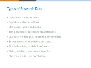 Types of Research Data 
• Instrument measurements 
• Experimental observations 
• Still images, video and audio 
• Text documents, spreadsheets, databases 
• Quantitative data (e.g. household survey data) 
• Survey results & interview transcripts 
• Simulation data, models & software 
• Slides, artefacts, specimens, samples 
• Sketches, diaries, lab notebooks … 
 
