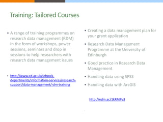 Training: Tailored Courses 
 A range of training programmes on 
research data management (RDM) 
in the form of workshops,...