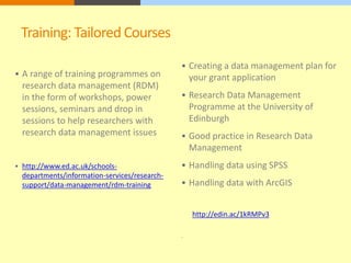 Training: Tailored Courses 
 A range of training programmes on 
research data management (RDM) 
in the form of workshops, power 
sessions, seminars and drop in 
sessions to help researchers with 
research data management issues 
 http://www.ed.ac.uk/schools-departments/ 
information-services/research-support/ 
data-management/rdm-training 
 Creating a data management plan for 
your grant application 
 Research Data Management 
Programme at the University of 
Edinburgh 
 Good practice in Research Data 
Management 
 Handling data using SPSS 
 Handling data with ArcGIS 
http://edin.ac/1kRMPv3 
 
 