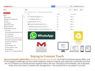 Staying in Constant Touch
How we ensured collaboration: Meeting physically and virtually. As student schedules always differ, one of the
biggest challenges we face when working in teams is making sure everyone contributes and that we can
combine our individual work together well in the end. Throughout the semester, we’d regularly share what we’d
each covered over Google Drive – this was pivotal to our project’s success.
 
