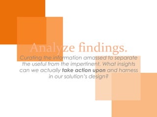Analyze findings.
Curating the information amassed to separate the
useful from the impertinent. What insights can we
actually take action upon and harness in our
solution’s design?
 