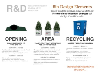 A MAKE-SHIFT LID TO FIT
OVER CITY BIN.
CONCEPT & NOTES
• Made from malleable recycled plastic materials.
Painted green to suit color of existing bin.
• Will take proper sourcing and tactical skill to
create.
ELEMENTS & GOALS
• Side slot to force conscious disposal.
• Litter-containing cover to prevent spill-over.
• Enclosure to limit unwanted contact with old
trash.
PLANTS TO ATTRACT ATTENTION +
ADD AESTHETIC VALUE.
CONCEPT & NOTES
• Three potted baby fir trees placed near the can
with signage that motivates proper waste
disposal..
• Will require sourcing / maintenance - increasing
costs.
• Possible confiscation by city or theft by
pedestrian.
ELEMENTS & GOALS
• Signage to at least engage pedestrian (i.e.
pausing to read it).
• Adding some green brings environmentalism to
pedestrian’s mind.
A LARGE, VIBRANT RECYCLING BIN.
CONCEPT & NOTES
• Placed near or combined in one “system” with
trash bin.
• Risk of trash being mixed with recyclables.
• Will require different pickup process and duties.
ELEMENTS & GOALS
• Signage and recognizable color to signify
separate purpose.
• Shared size, lid, design, etc. with trash bin.
Translating insights into
strategy…
Bin Design Elements
Based on data analysis, how we defined the
three most important changes our design
should include.
 