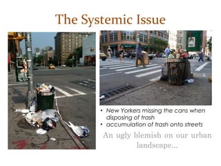 The Systemic Issue
• New Yorkers missing / ignoring cans.
• Results in accumulation of trash on streets.
• The spin-off of bad habits – litter begets litter...
An ugly blemish on
our urban landscape…
 