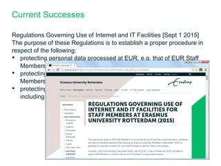 Current Successes
Regulations Governing Use of Internet and IT Facilities [Sept 1 2015]
The purpose of these Regulations is to establish a proper procedure in
respect of the following:
• protecting personal data processed at EUR, e.g. that of EUR Staff
Members, students and parents;
• protecting confidential information, i.e. that of EUR, EUR Staff
Members or Students;
• protecting the intellectual property rights of EUR and third parties,
including the respecting of licence agreements that apply at EUR;
 