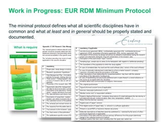 Work in Progress: EUR RDM Minimum Protocol
The minimal protocol defines what all scientific disciplines have in
common and what at least and in general should be properly stated and
documented.
 