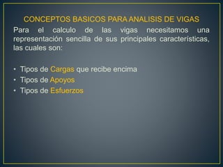 CONCEPTOS BASICOS PARA ANALISIS DE VIGAS
Para el calculo de las vigas necesitamos una
representación sencilla de sus principales características,
las cuales son:
• Tipos de Cargas que recibe encima
• Tipos de Apoyos
• Tipos de Esfuerzos
 