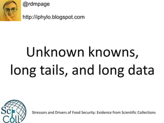 Unknown knowns,
long tails, and long data
@rdmpage
http://iphylo.blogspot.com
Stressors and Drivers of Food Security: Evidence from Scientific Collections
 