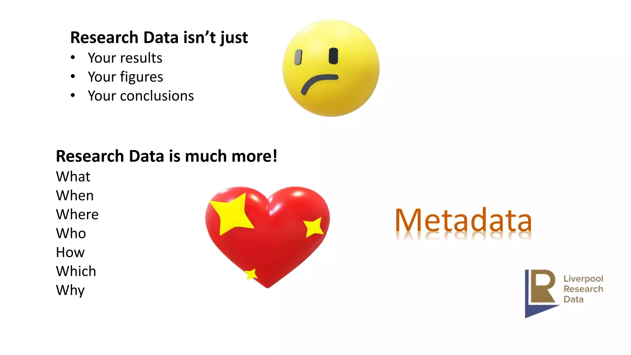 Research Data isn’t just
• Your results
• Your figures
• Your conclusions
Research Data is much more!
What
When
Where
Who
How
Which
Why
 
