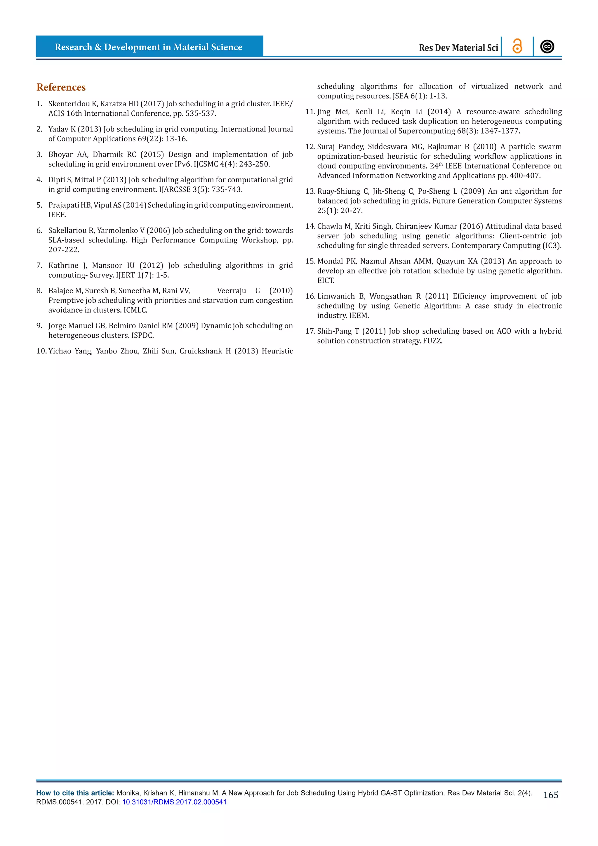 How to cite this article: Monika, Krishan K, Himanshu M. A New Approach for Job Scheduling Using Hybrid GA-ST Optimization. Res Dev Material Sci. 2(4).
RDMS.000541. 2017. DOI: 10.31031/RDMS.2017.02.000541
165
Res Dev Material SciResearch & Development in Material Science
References
1.	 Skenteridou K, Karatza HD (2017) Job scheduling in a grid cluster. IEEE/
ACIS 16th International Conference, pp. 535-537.
2.	 Yadav K (2013) Job scheduling in grid computing. International Journal
of Computer Applications 69(22): 13-16.
3.	 Bhoyar AA, Dharmik RC (2015) Design and implementation of job
scheduling in grid environment over IPv6. IJCSMC 4(4): 243-250.
4.	 Dipti S, Mittal P (2013) Job scheduling algorithm for computational grid
in grid computing environment. IJARCSSE 3(5): 735-743.
5.	 PrajapatiHB,VipulAS(2014)Schedulingingridcomputingenvironment.
IEEE.
6.	 Sakellariou R, Yarmolenko V (2006) Job scheduling on the grid: towards
SLA-based scheduling. High Performance Computing Workshop, pp.
207-222.
7.	 Kathrine J, Mansoor IU (2012) Job scheduling algorithms in grid
computing- Survey. IJERT 1(7): 1-5.
8.	 Balajee M, Suresh B, Suneetha M, Rani VV, 	 Veerraju G (2010)
Premptive job scheduling with priorities and starvation cum congestion
avoidance in clusters. ICMLC.
9.	 Jorge Manuel GB, Belmiro Daniel RM (2009) Dynamic job scheduling on
heterogeneous clusters. ISPDC.
10.	Yichao Yang, Yanbo Zhou, Zhili Sun, Cruickshank H (2013) Heuristic
scheduling algorithms for allocation of virtualized network and
computing resources. JSEA 6(1): 1-13.
11.	Jing Mei, Kenli Li, Keqin Li (2014) A resource-aware scheduling
algorithm with reduced task duplication on heterogeneous computing
systems. The Journal of Supercomputing 68(3): 1347-1377.
12.	Suraj Pandey, Siddeswara MG, Rajkumar B (2010) A particle swarm
optimization-based heuristic for scheduling workflow applications in
cloud computing environments. 24th
IEEE International Conference on
Advanced Information Networking and Applications pp. 400-407.
13.	Ruay-Shiung C, Jih-Sheng C, Po-Sheng L (2009) An ant algorithm for
balanced job scheduling in grids. Future Generation Computer Systems
25(1): 20-27.
14.	Chawla M, Kriti Singh, Chiranjeev Kumar (2016) Attitudinal data based
server job scheduling using genetic algorithms: Client-centric job
scheduling for single threaded servers. Contemporary Computing (IC3).
15.	Mondal PK, Nazmul Ahsan AMM, Quayum KA (2013) An approach to
develop an effective job rotation schedule by using genetic algorithm.
EICT.
16.	Limwanich B, Wongsathan R (2011) Efficiency improvement of job
scheduling by using Genetic Algorithm: A case study in electronic
industry. IEEM.
17.	Shih-Pang T (2011) Job shop scheduling based on ACO with a hybrid
solution construction strategy. FUZZ.
 