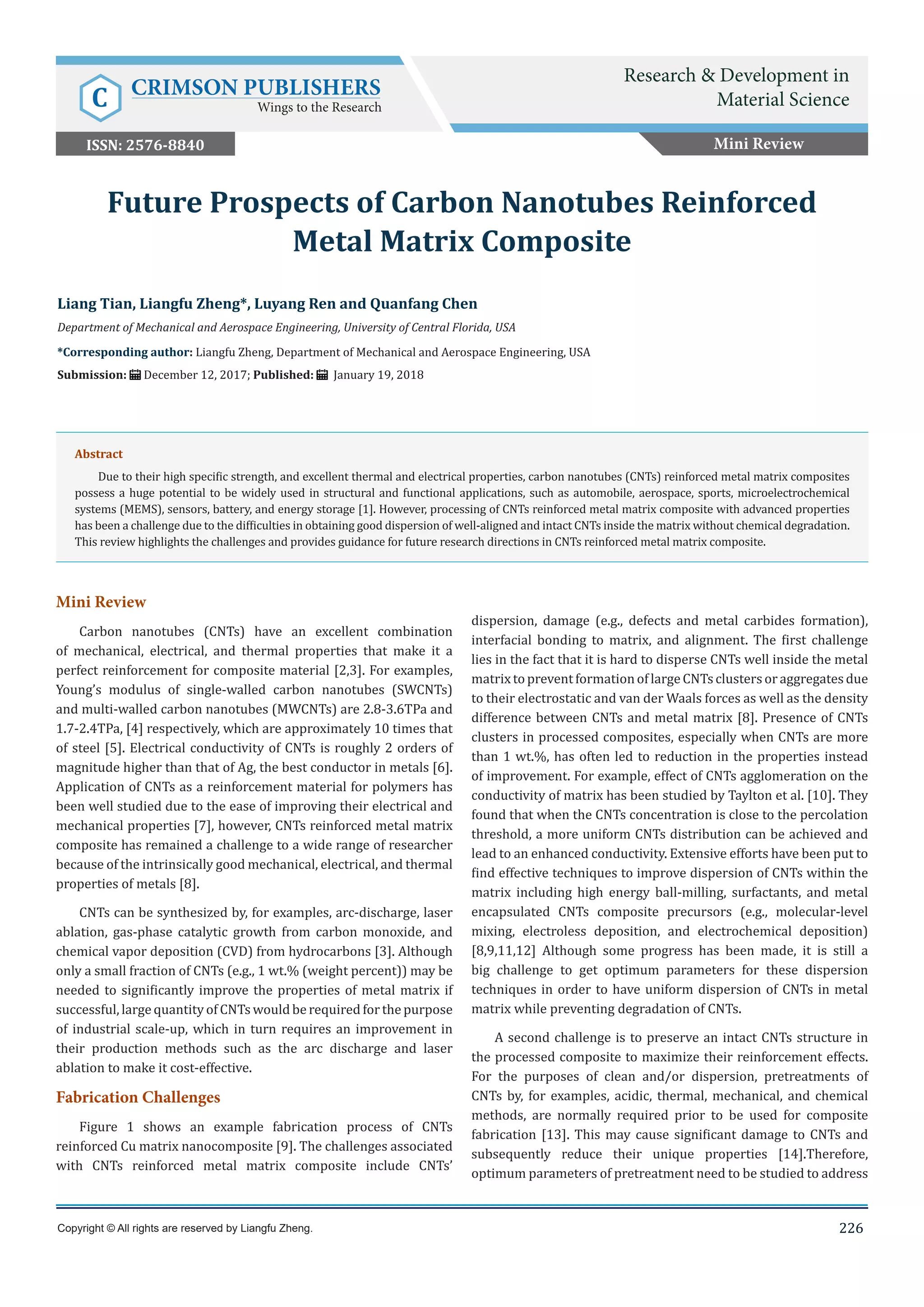 Future Prospects of Carbon Nanotubes Reinforced Metal Matrix Composite ...
