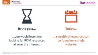 Rationale
26 March 2018 Research Data Champions Day
In the past…
…you would lose time
looking for RDM resources
all over the internet.
Today…
…a wealth of resources can
be found on a single
website.
 