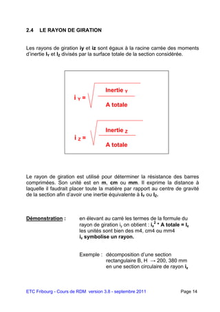 ETC Fribourg - Cours de RDM version 3.8 - septembre 2011 Page 14
2.4 LE RAYON DE GIRATION
Les rayons de giration iy et iz sont égaux à la racine carrée des moments
d’inertie IY et IZ divisés par la surface totale de la section considérée.
Le rayon de giration est utilisé pour déterminer la résistance des barres
comprimées. Son unité est en m, cm ou mm. Il exprime la distance à
laquelle il faudrait placer toute la matière par rapport au centre de gravité
de la section afin d’avoir une inertie équivalente à IY ou IZ.
Démonstration : en élevant au carré les termes de la formule du
rayon de giration iy on obtient : iz
2
* A totale = Iz
les unités sont bien des m4, cm4 ou mm4
iz symbolise un rayon.
Exemple : décomposition d’une section
rectangulaire B, H → 200, 380 mm
en une section circulaire de rayon iz
Inertie Y
i Y =
A totale
Inertie Z
i Z =
A totale
 