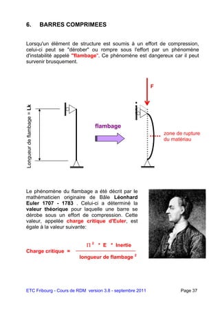 ETC Fribourg - Cours de RDM version 3.8 - septembre 2011 Page 37
6. BARRES COMPRIMEES
Lorsqu'un élément de structure est soumis à un effort de compression,
celui-ci peut se "dérober" ou rompre sous l'effort par un phénomène
d'instabilité appelé "flambage". Ce phénomène est dangereux car il peut
survenir brusquement.
Le phénomène du flambage a été décrit par le
mathématicien originaire de Bâle Léonhard
Euler 1707 - 1783 . Celui-ci a déterminé la
valeur théorique pour laquelle une barre se
dérobe sous un effort de compression. Cette
valeur, appelée charge critique d'Euler, est
égale à la valeur suivante:
 2
* E * Inertie
Charge critique =
longueur de flambage 2
zone de rupture
du matériau
F
Longueurdeflambage=Lk
flambage
 