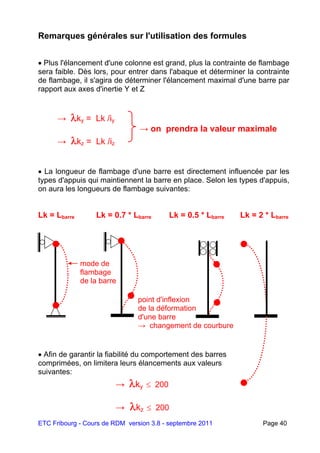 ETC Fribourg - Cours de RDM version 3.8 - septembre 2011 Page 40
Remarques générales sur l'utilisation des formules
 Plus l'élancement d'une colonne est grand, plus la contrainte de flambage
sera faible. Dès lors, pour entrer dans l'abaque et déterminer la contrainte
de flambage, il s'agira de déterminer l'élancement maximal d'une barre par
rapport aux axes d'inertie Y et Z
→ ky = Lk /iy
→ on prendra la valeur maximale
→ kz = Lk /iz
 La longueur de flambage d'une barre est directement influencée par les
types d'appuis qui maintiennent la barre en place. Selon les types d'appuis,
on aura les longueurs de flambage suivantes:
Lk = Lbarre Lk = 0.7 * Lbarre Lk = 0.5 * Lbarre Lk = 2 * Lbarre
 Afin de garantir la fiabilité du comportement des barres
comprimées, on limitera leurs élancements aux valeurs
suivantes:
→ ky  200
→ kz  200
point d'inflexion
de la déformation
d'une barre
→ changement de courbure
mode de
flambage
de la barre
 
