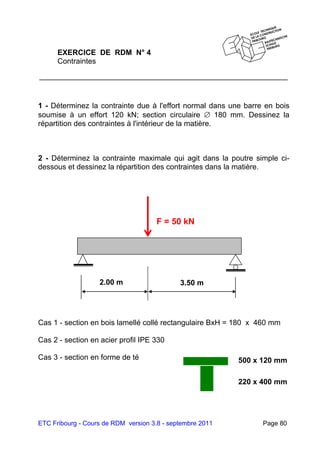 ETC Fribourg - Cours de RDM version 3.8 - septembre 2011 Page 80
EXERCICE DE RDM N° 4
Contraintes
1 - Déterminez la contrainte due à l'effort normal dans une barre en bois
soumise à un effort 120 kN; section circulaire  180 mm. Dessinez la
répartition des contraintes à l'intérieur de la matière.
2 - Déterminez la contrainte maximale qui agit dans la poutre simple ci-
dessous et dessinez la répartition des contraintes dans la matière.
Cas 1 - section en bois lamellé collé rectangulaire BxH = 180 x 460 mm
Cas 2 - section en acier profil IPE 330
Cas 3 - section en forme de té
F = 50 kN
3.50 m2.00 m
500 x 120 mm
220 x 400 mm
 