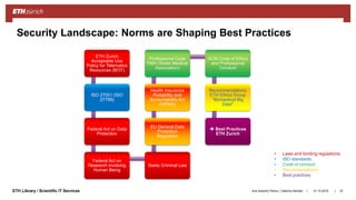||ETH Library / Scientific IT Services 31.10.2018Ana Sesartic Petrus / Caterina Barillari 19
Security Landscape: Norms are Shaping Best Practices
ETH Zurich
Acceptable Use
Policy for Telematics
Resources (BOT)
ISO 27001 (ISO
27799)
Federal Act on Data
Protection
Federal Act on
Research involving
Human Being
Swiss Criminal Law
EU General Data
Protection
Regulation
Health Insurance
Portability and
Accountability Act
(HIPAA)
Professional Code
FMH (Swiss Medical
Association)
ACM Code of Ethics
and Professional
Conduct
Recommendations
ETH Ethics Group
“Biomedical Big
Data"
 Best Practices
ETH Zurich
• Laws and binding regulations
• ISO standards
• Code of conduct
• Reccomendations
• Best practices
 
