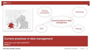 ||ETH Library / Scientific IT Services
Post it!
31.10.2018Ana Sesartic Petrus / Caterina Barillari 35
Current practices in data
management
Naming
conventions
Versioning
ELN Sharing
Current practices in data management
What are your best practices?
 
