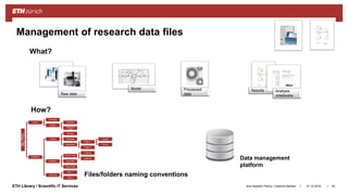 ||ETH Library / Scientific IT Services
Management of research data files
31.10.2018Ana Sesartic Petrus / Caterina Barillari
Files/folders naming conventions
45
What?
How?
MyPhD
Admin
Contracts
Budget
Lab Gear
Conference
Travel
Academic
Writing
Reviews
Proposals
Publications
Paper 1
Images
TeX Src
Paper 2
Modelling
Source Code
Original
Modified
Input Data
Output Data
Lab Data
Exp. 1
Exp. 2
Data management
platform
Results Analysis
notebooksRaw data
Processed
data
Model
 