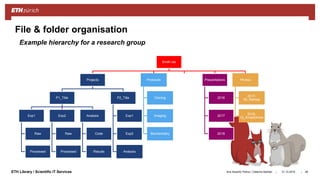 ||ETH Library / Scientific IT Services 31.10.2018Ana Sesartic Petrus / Caterina Barillari
File & folder organisation
48
Smith lab
Projects
P1_Title
Exp1
Raw
Processed
Exp2
Raw
Processed
Analysis
Code
Results
P2_Title
Exp1
Exp2
Analysis
Protocols
Cloning
Imaging
Biochemistry
Grants
SNF
H2020
Presentations
2016
2017
2018
Photos
2017-
06_Retreat
2016-
12_XmasDinner
Example hierarchy for a research group
 