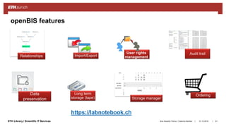 ||ETH Library / Scientific IT Services
openBIS ELN-LIMS features
Relationships
Storage manager
Import/Export
openBIS features
31.10.2018Ana Sesartic Petrus / Caterina Barillari 61
Ordering
https://labnotebook.ch
x
User rights
management
Long term
storage (tape)
Audit trail
Data
preservation
 
